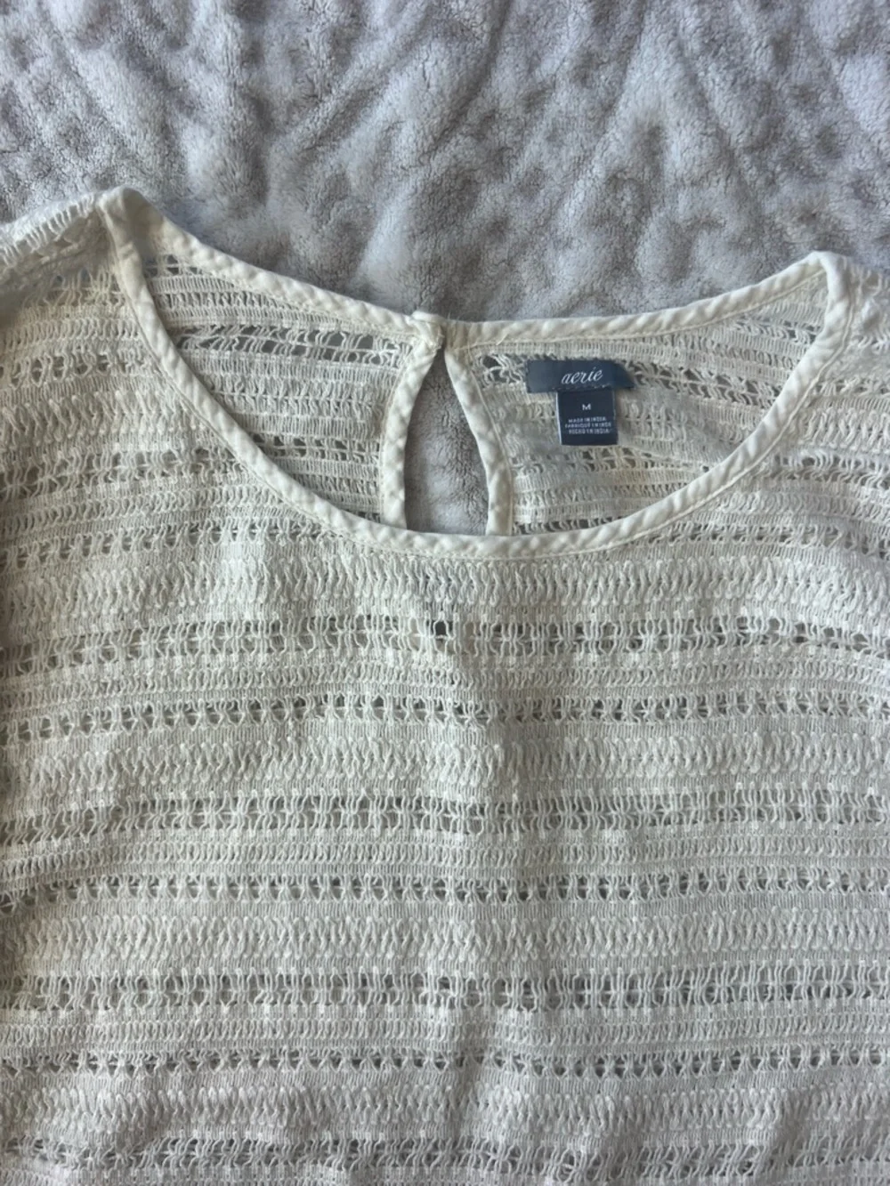 NWOT Aerie White Open-Knit Fringe Trim Short Sleeve Boho Top | Size M - Picture 4 of 10